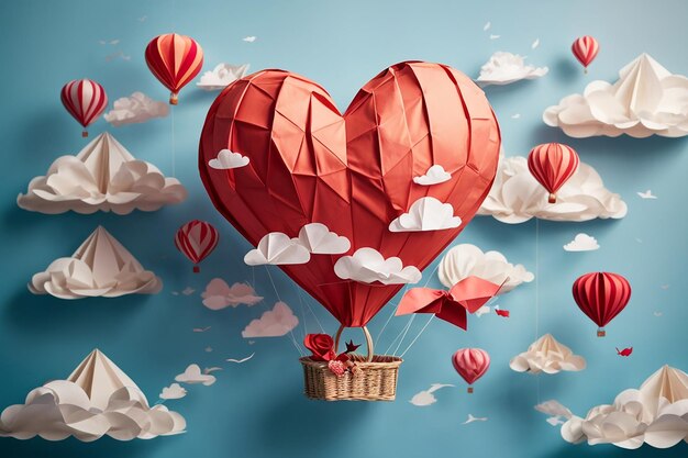 Ilustração de amor e Dia dos NamoradosOrigami fez balão de ar quente em forma de coração com massagem 14 de fevereiro flutuando no estilo de arte e artesanato digital