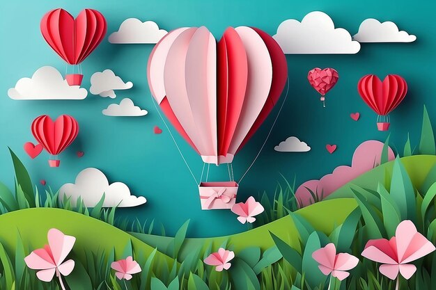 Foto ilustração de amor e dia dos namoradosorigami fez balão de ar quente voando sobre a grama com coração flutuando no estilo de arte e artesanato digital