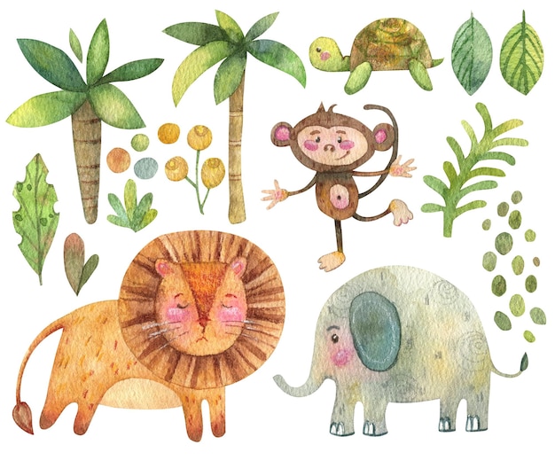 ilustração de animais tropicais selvagens lionelephantmonkeytortoise e palmeiras e folhas