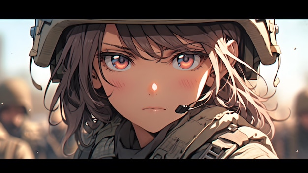 Ilustração de anime de uma menina bonita em um terno do exército