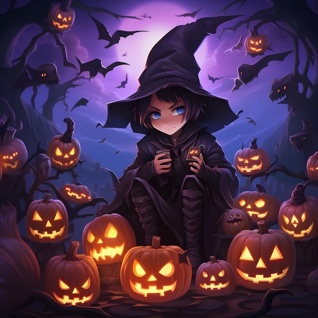 Ilustração de anime de uma postagem engraçada nas redes sociais para um evento de festa de Halloween