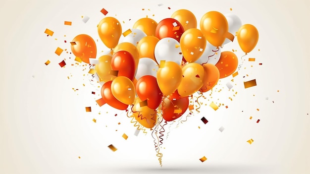 Ilustração de aniversário feliz Confeti e fitas dourado balão laranja confeti