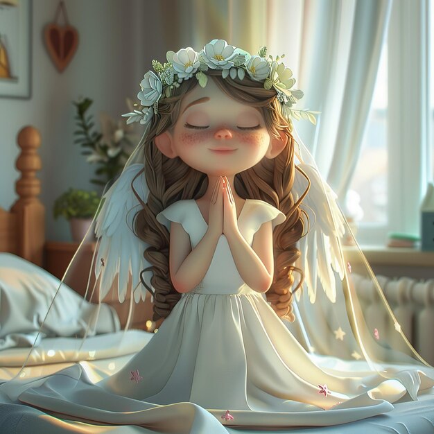 Ilustração de anjo de desenho animado adorável orando
