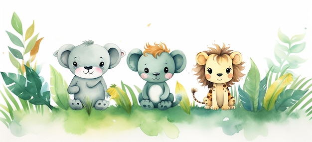 ilustração de aquarela bonitos bebês animais de safari sentam-se em grama verde e folhas tropicais