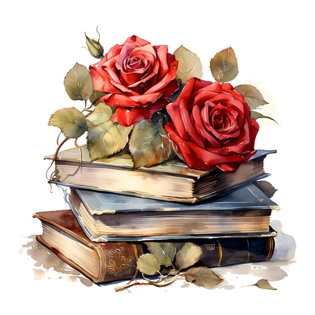 Ilustração de aquarela com pilha de livros e rosas