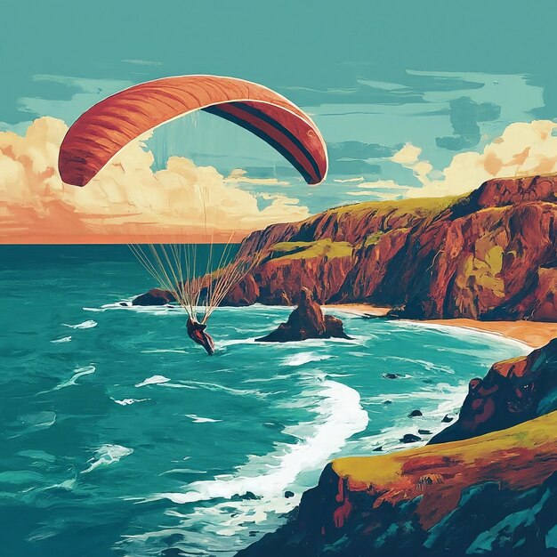 Foto ilustração de aquarela com um parapente e voando voando sobre o mar