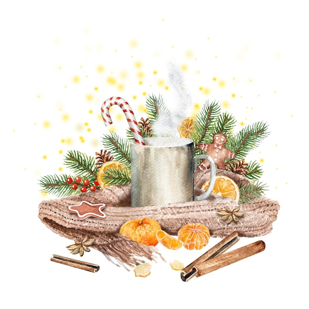 Foto ilustração de aquarela composição de natal com lenço de xícara árvore de natal mandarinas canela anis pão de gengibre cartão de natal desenhado à mão