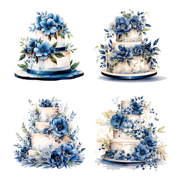 Foto ilustração de aquarela de bolo de casamento com flores azul marinho