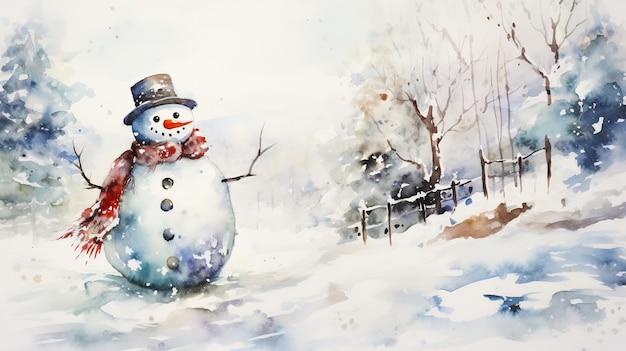 Ilustração de aquarela de boneco de neve em estilo retro Paisagem de inverno em um dia ensolarado