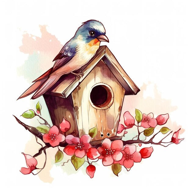 Foto ilustração de aquarela de casa de pássaros