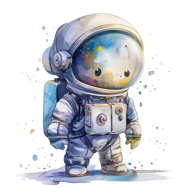 ilustração de aquarela de desenho animado de personagem astronauta kawaii em traje espacial em fundo branco