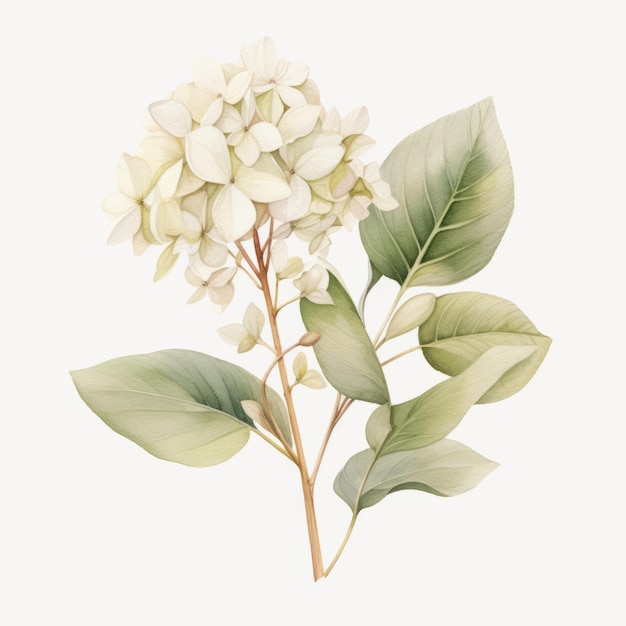 Ilustração de aquarela de eucalipto de hortênsia beige pastel em fundo branco