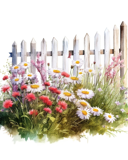 Ilustração de aquarela de jardim com cerca