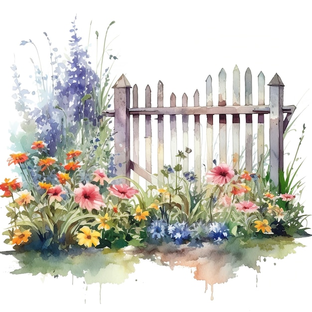 Ilustração de aquarela de jardim com cerca