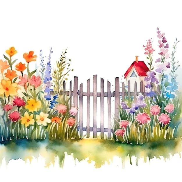 Ilustração de aquarela de jardim com cerca