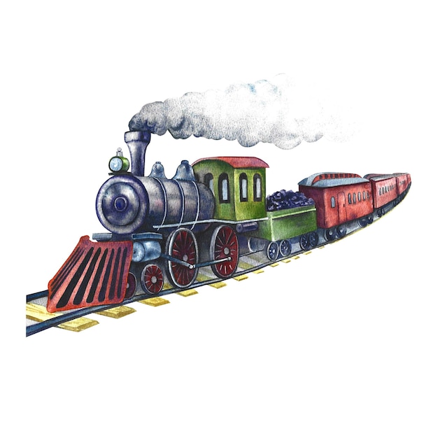 Ilustração de aquarela de locomotiva a vapor retro de trem vintage feita à mão