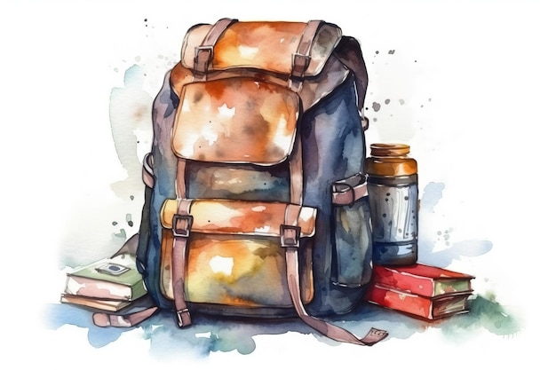 Foto ilustração de aquarela de mochila escolar em fundo branco