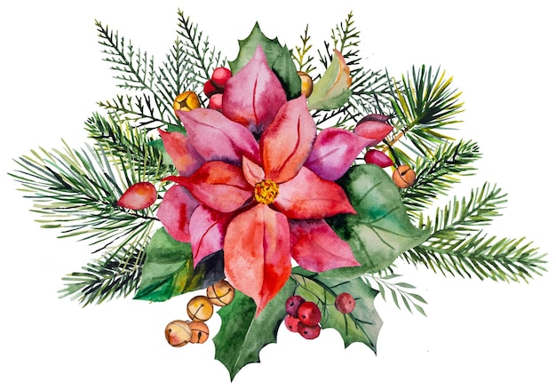 Ilustração de aquarela de Natal com flores de Poinsettia, bagas e sinos