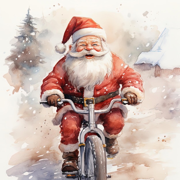 Foto ilustração de aquarela de natal do papai noel andando de bicicleta