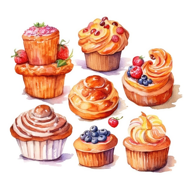 Foto ilustração de aquarela de padaria pastel em fundo branco