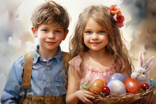 Ilustração de aquarela de Páscoa de menina e menino com flores e ovos pintados em cores pastel