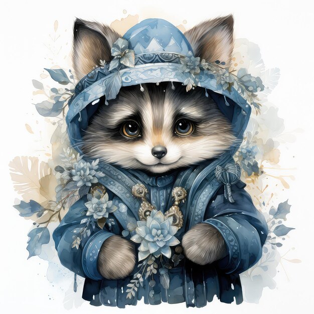 Ilustração de aquarela desenhada à mão clipart Raquinho em traje de carnaval de floco de neve