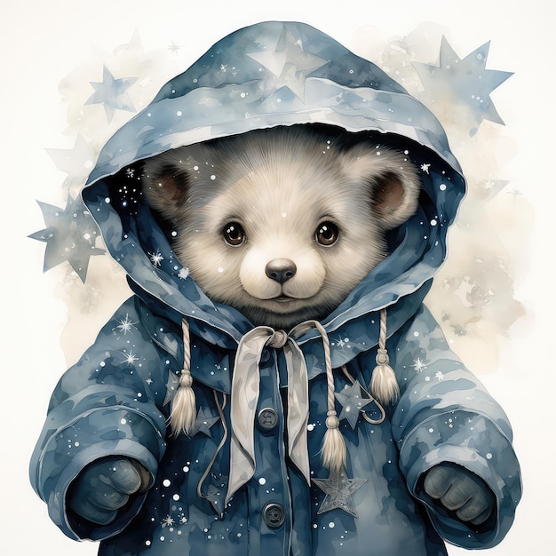 Ilustração de aquarela desenhada à mão clipart urso em traje de carnaval de floco de neve