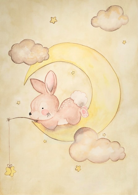 ilustração de aquarela desenhada à mão com coelho bonito e balões