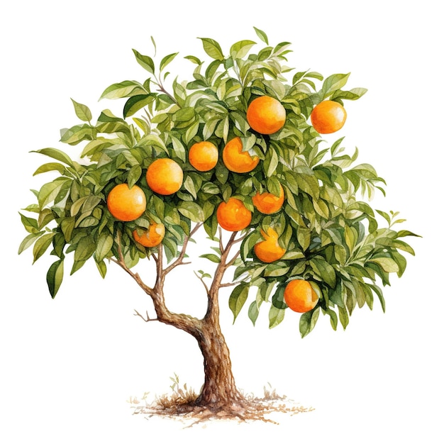Ilustração de aquarela desenhada à mão de uma laranja exuberante com frutos maduros Perfeita para ilustrações de arte botânica, alimentos e temas agrícolas
