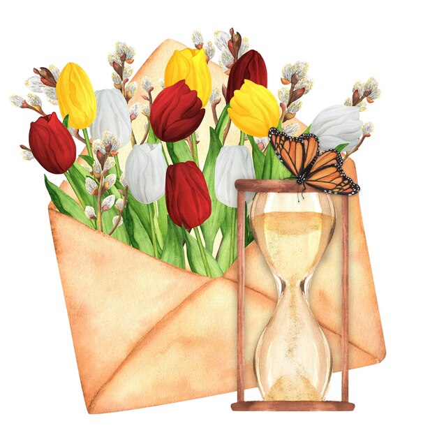 Ilustração de aquarela desenhada à mão envelope vintage com tulipas brancas amarelas e vermelhas e pussywillow