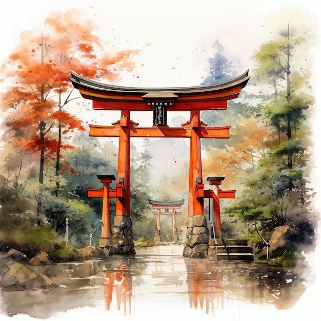 Ilustração de aquarela do dia de Showa com a tradicional porta torii japonesa