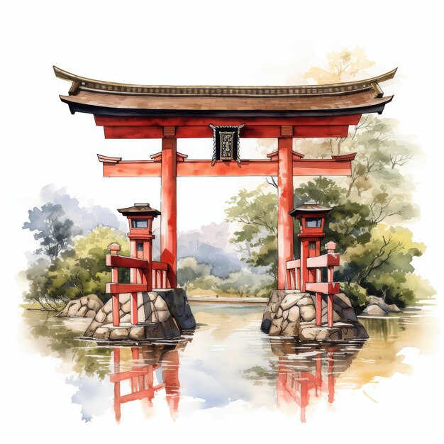 Ilustração de aquarela do dia de Showa com a tradicional porta torii japonesa