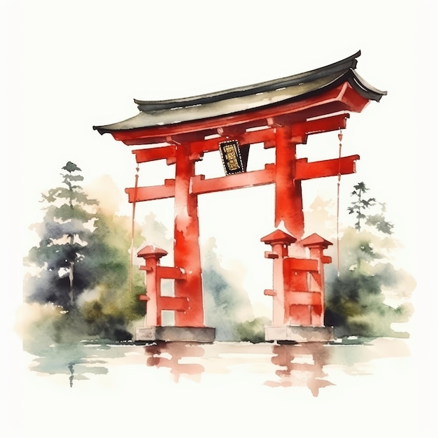 Ilustração de aquarela do dia de Showa com a tradicional porta torii japonesa