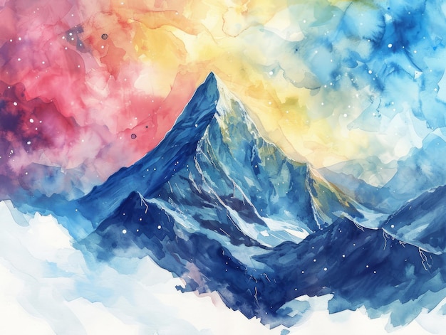 Ilustração de aquarela do mítico Universo Central do Monte Meru com bordas de contorno branco IA geradora