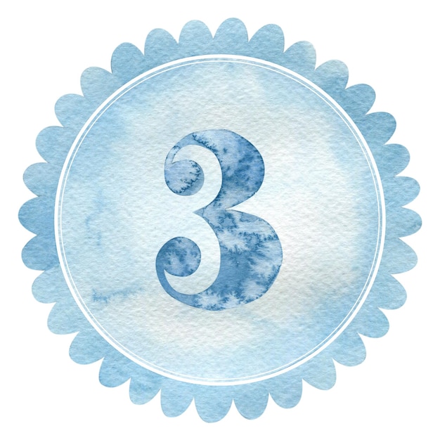 Foto ilustração de aquarela do número 3 azul do marco mensal do bebê