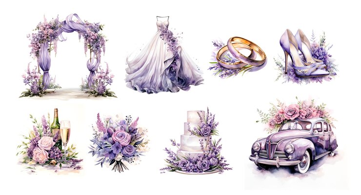 Ilustração de aquarela elementos de casamento cor de lavanda