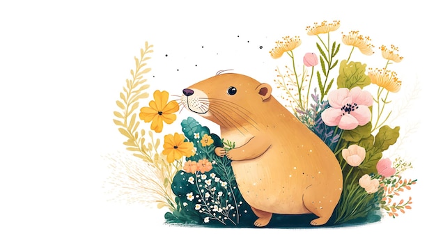 Ilustração de aquarela Holliday com capivara fofa com flores