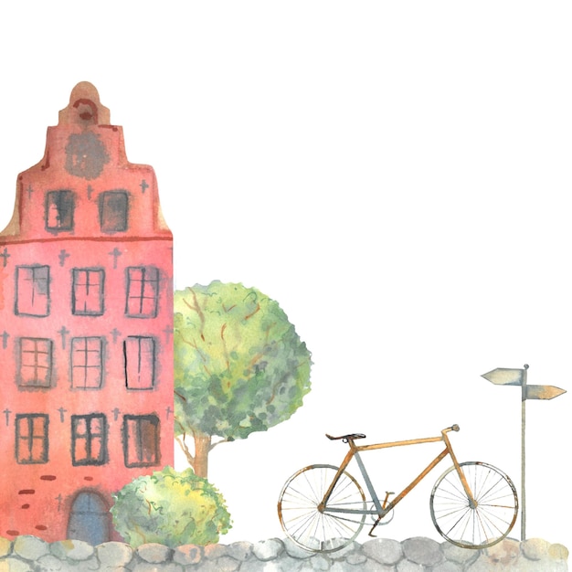 Ilustração de aquarela isolada mão desenhada pavimento de bicicleta de casa de rua pintado em aquarela em estilo primitivo janelas telhado portas paredes ponteiro construção ciclismo