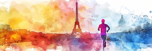 Ilustração de aquarela Jogos Olímpicos de Verão em Paris atletismo atleta corredor no fundo de um panorama dos pontos turísticos de Paris