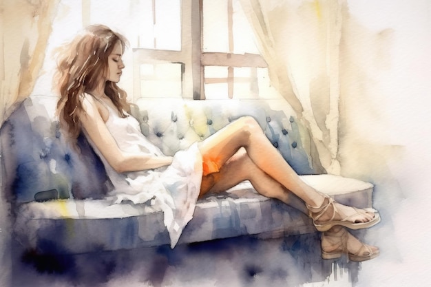 Ilustração de aquarela Menina triste e solitária Figura infeliz tristeza Senhora com o coração partido por uma separação