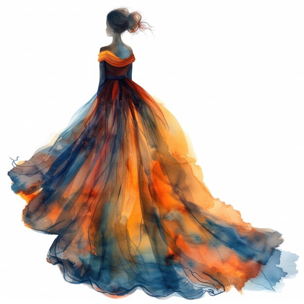 ilustração de aquarela menina vestindo um vestido longo e lindo isolado