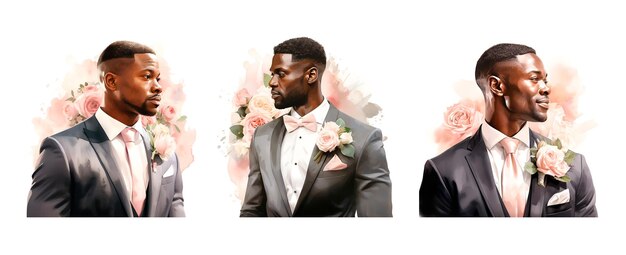 Foto ilustração de aquarela no casamento noivo retrato africano rosa