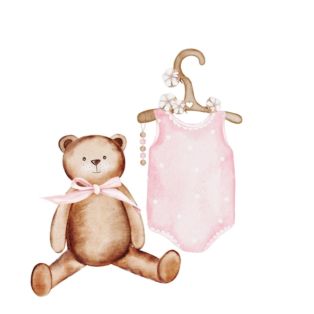 Foto ilustração de aquarela para banho de bebê desenhada à mão com um urso com um arco e um fato de bebê rosa em um gancho