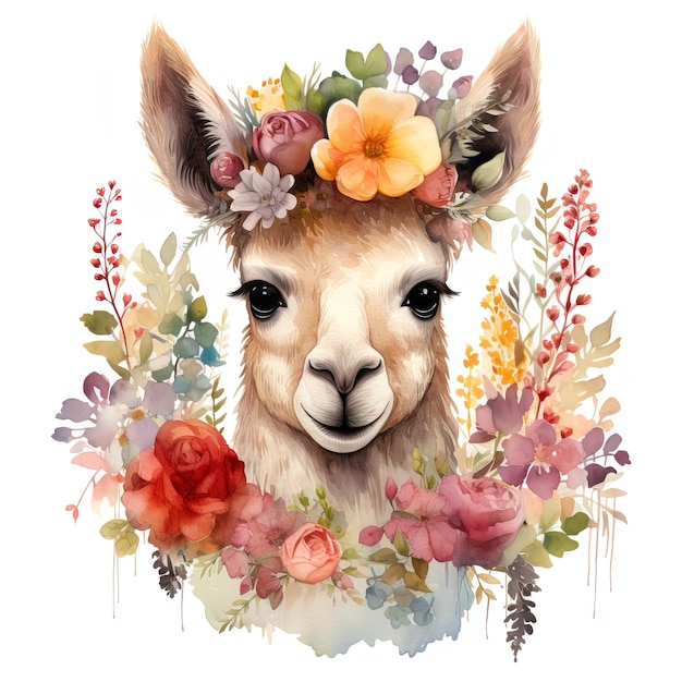 ilustração de aquarela retrato de uma lhama cercada por flores isoladas em fundo branco