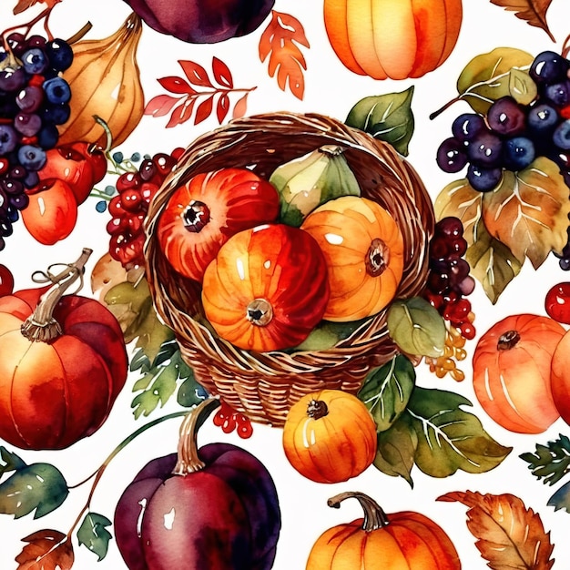 Ilustração de aquarela vintage de colheita abundante com frutas e legumes frescos e saudáveis