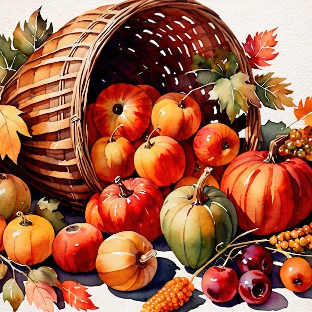 Ilustração de aquarela vintage de colheita abundante com frutas e legumes frescos e saudáveis