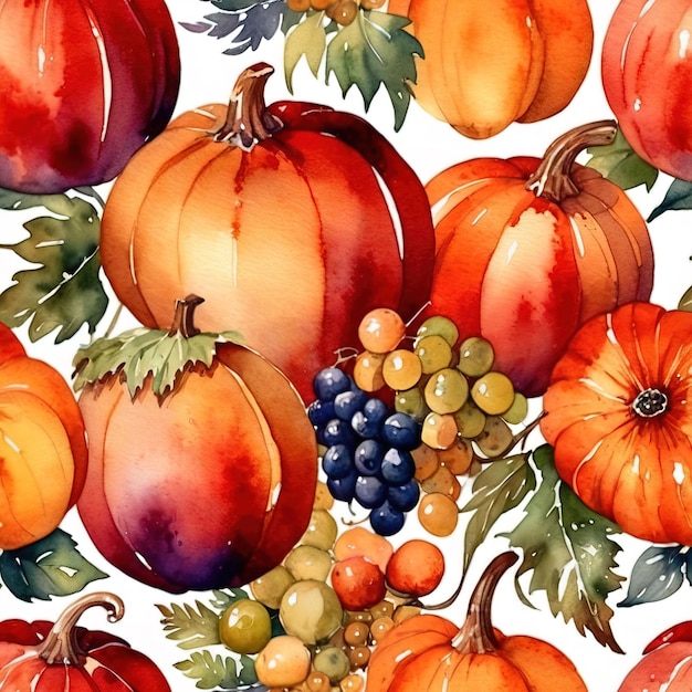 Ilustração de aquarela vintage de colheita abundante com frutas e legumes frescos e saudáveis