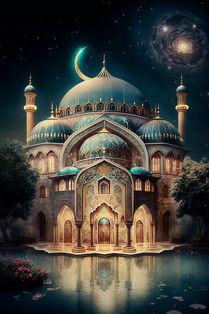Ilustração de arquitetura de IA generativa da bela mesquita no mundo muçulmano