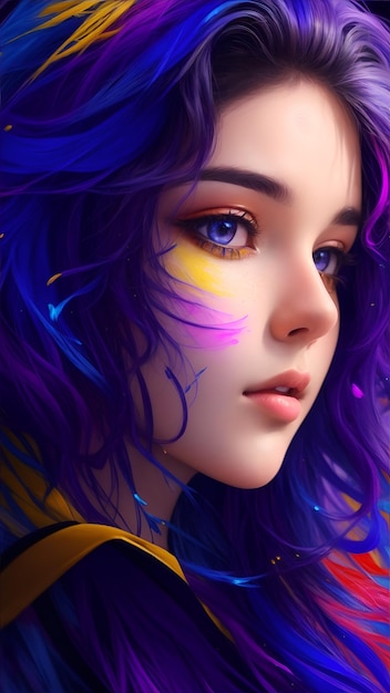 ilustração de arte 3D uma garota com cabelo colorido