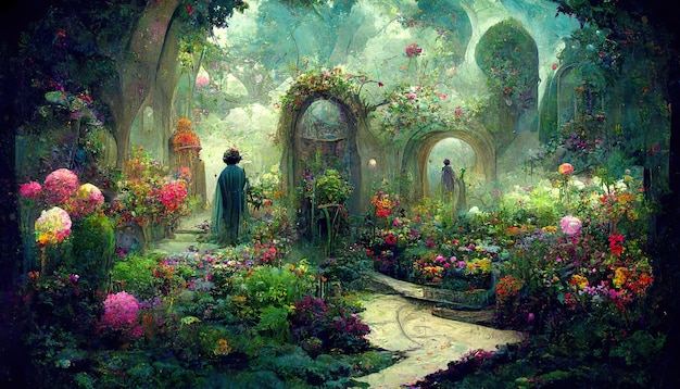 Ilustração de arte conceitual de fantasia de jardim floral